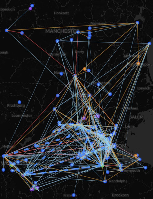 A map of the Boston MeshCore repeater locations.