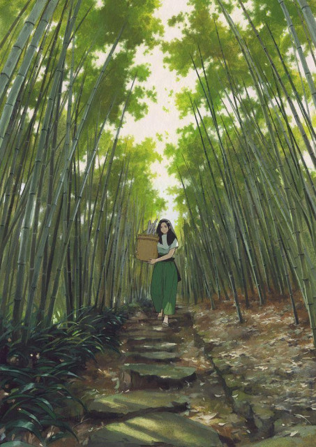 a traditional painting of a girl walking through a bamboo forest, green and brown hues