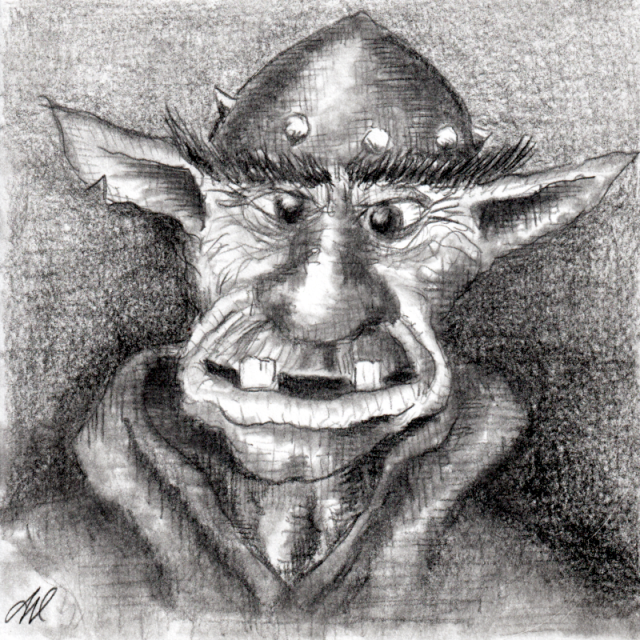 A monochromatic sketch depicts a creature with exaggerated facial features. The creature has large, pointed ears, a helmet adorned with three circular studs, and thick, dark eyebrows. It has a large, rounded nose and an open mouth showing several teeth. The background consists of textured shading, and the artist’s signature “AW” is visible in the bottom left corner.

Provided by @altbot, generated privately and locally using Qwen3-Vl:30b