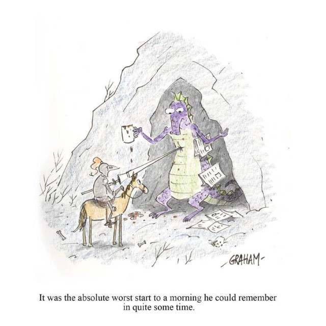 A cartoon illustration of a dragon looking stunned as a knight has stabbed him in the chest, making him spill his coffee and drop his newspaper at the mouth of his cave. Caption reads "It was the absolute worst start to a morning he could remember in quite some time."