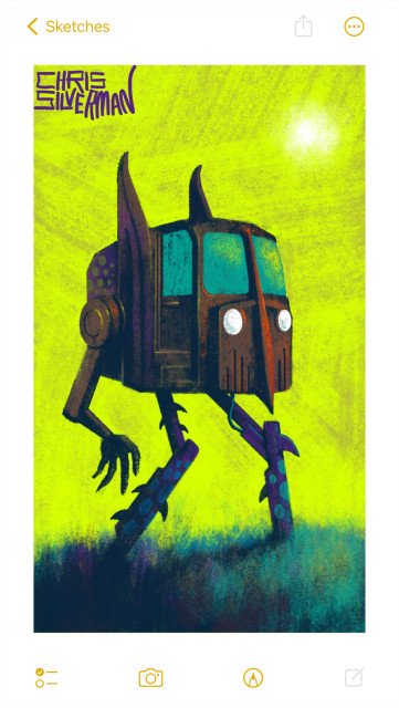 A strange, monstrous-looking machine that looks like the rusting cab of a classic truck, mounted on two mechanical legs. Running center down the front of the cab is a line that divides the windshield and ends in a sharp nose. On either side of the cab are two curled, pointed fins that strongly suggest ears. The machine has one visible robot arm with clawed fingers. While the machine is primarily a rusty brown color, it has orange- and purple-tinged areas, with green spots on the rear side. Its legs are also purple, with blue spots and several spikes. It is wandering through a bluish-purple meadow under a bright green sky with a blazing white sun. The painting is signed "Chris Silverman".