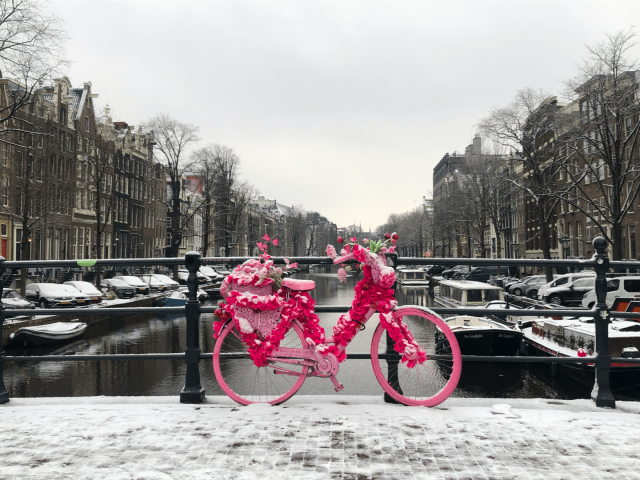 A view of a bright pink decorated bicycle resting along the railing of an Amsterdam canal bridge. The background is a snow covered scene of old Dutch buildings.