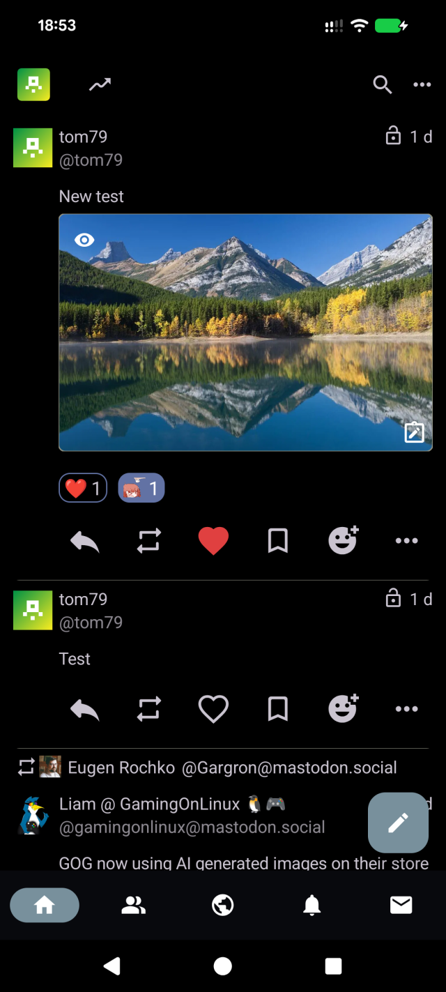 Fedilab timeline showing Misskey posts with reaction indicators. The post displays two types of reactions: a heart and a custom emoji.