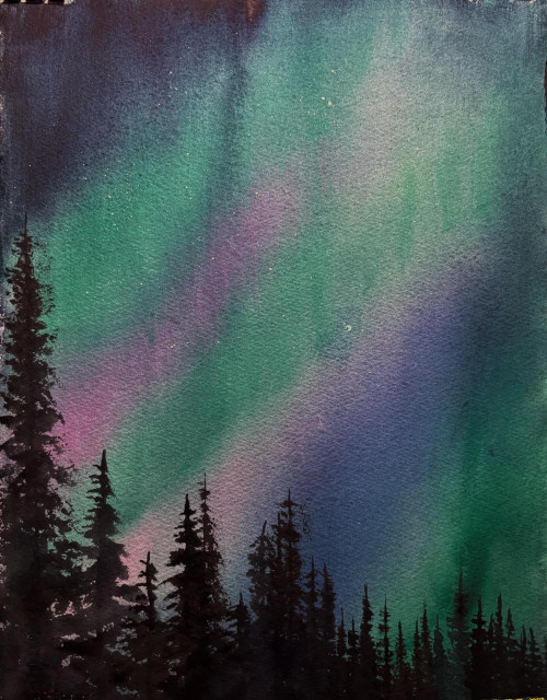 Painting of spruce trees silhouetted by the northern lights. 