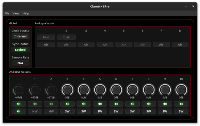 Screenshot of the Alsa Scarlett Control Panel for Linux software. Showing Controls for the Mic Inputs and Gains for the Outputs and Clock Source, Sync Status and Sample Rate.