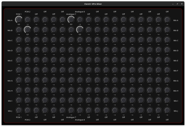 Screenshot of the Mixer Control of the Scarlett Control software for Linux. Shows a 2D matrix with all buses and a volume gain for each pair.