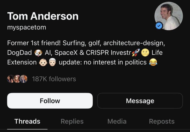A picture of Tom Anderson's Threads profile which shows his updated "no interest in politics" after being berated in his replies for supporting Elon Musk.