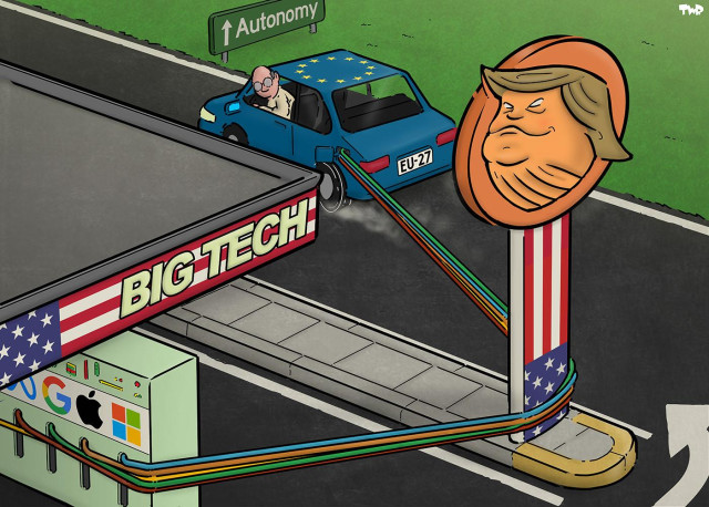 Cartoon showing a gas station that has a large sign with a stylized head of Donald Trump as a logo and is labeled 'BIG TECH'. The fuel pumps have the labels of Microsoft, Apple, Meta and Google on them. A car with the EU logo on it trying to drive away from the gas station, but is attached to the fuel pump by many cables and cannot get any further. Its wheels are spinning and producing smoke as it tries to break free.