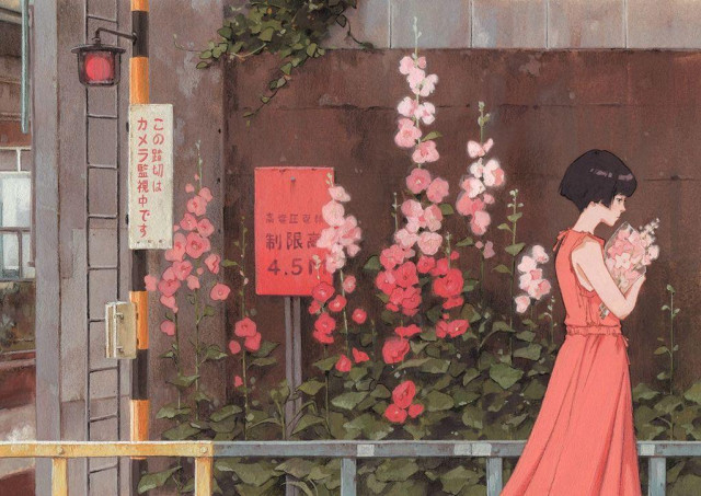 a traditional painting of a girl wearing a pink dress walking by flowers