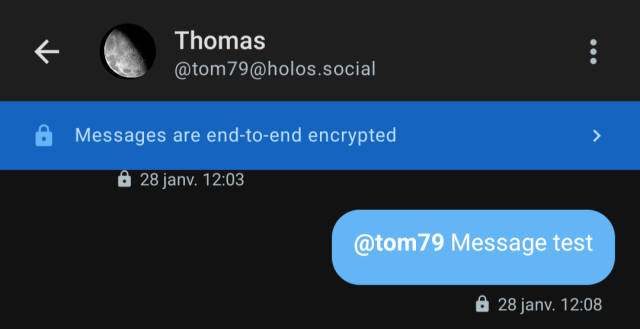 Holos conversation with E2EE enabled. Blue banner shows "Messages are end-to-end encrypted" with lock icons on messages.
