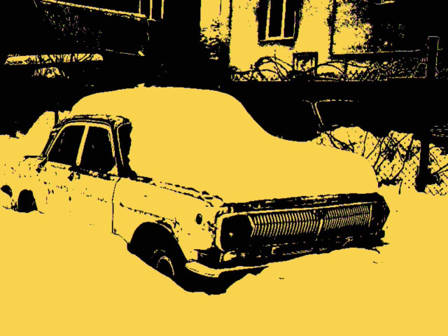 An old car nearly buried under a heavy layer of snow, its shape barely recognizable. The yellow-and-black palette transforms the winter scene into something surreal and hostile, stripping away any sense of natural color or warmth. The vehicle feels abandoned, frozen in time — a relic slowly disappearing into silence and weather.
