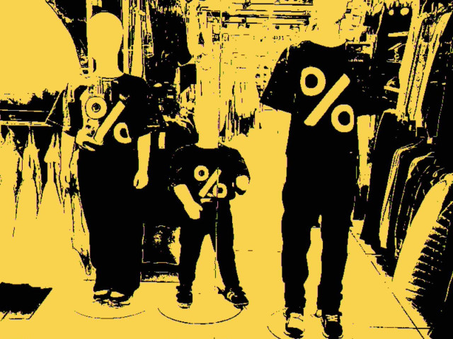 A shop window with mannequins dressed in T-shirts marked by oversized percentage symbols. Human forms are reduced to flat silhouettes, their individuality erased by the aggressive contrast and the dominant yellow tone. The scene feels compressed and loud, as if advertising, bodies, and symbols collapse into a single visual shout. The image reads as a blunt, ironic statement about consumption and visual overload.