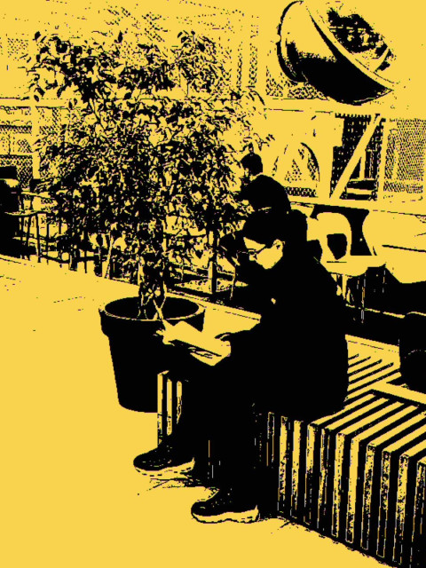 A young woman sits on a bench, absorbed in reading a book. Beside her, a large potted plant dissolves into rough pixel patterns. The harsh yellow filter drains the scene of everyday comfort, isolating the figure within an empty, muted urban space. Reading becomes an act of quiet resistance here — a moment of inward focus captured by a crude, uncompromising digital eye.