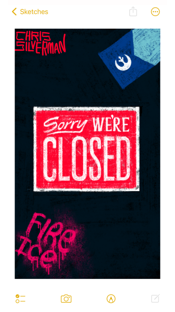 A black background with a red "Closed" sign, like a lot of businesses are displaying right now in solidarity with the nationwide general strike and the protest against ICE. The sign reads "Sorry, We're Closed" in white letters in that mix of script and all-caps sans-serif that I like so much. In the lower left are the words "Fire ICE", scrawled in neon-pink graffiti lettering. In the top right is the Minnesota flag, a design that features a light blue field with a darker blue obtuse angular figure on the hoist. There's one small modification, though: in place of the white star is the Rebel Alliance logo from Star Wars. The painting is signed "Chris Silverman".