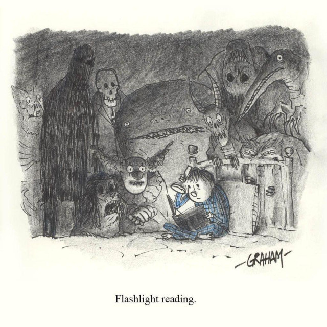 A cartoon illustration of a young boy in bed reading a book with a flashlight, surrounded by numerous spooky looking monsters in the dark. Caption reads "Flashlight reading."