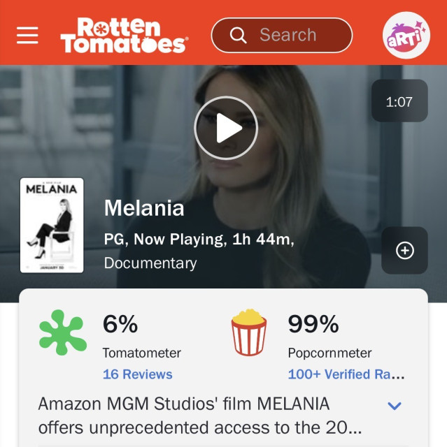 Screenshot of Rotten Tomatoes showing that the “documentary” Melania has 6% from critics  and 99% from “the general public”z