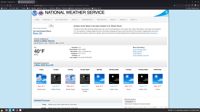 A color screen capture from my computer showing the National Weather Service forecast for Reno, Nevada. There is a lot of written. In the lower part it show little thumbnail images of day and night forecast for today through Wednesday. The day time temperatures are approximately 60°F each day. The nighttime lows are approximately 30°F. It will be a little cloudy Saturday through Monday and clear through Wednesday. 