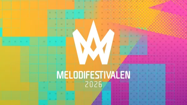 Melodifestivalens logga för 2026 i gult, rosa, blått och turkos.