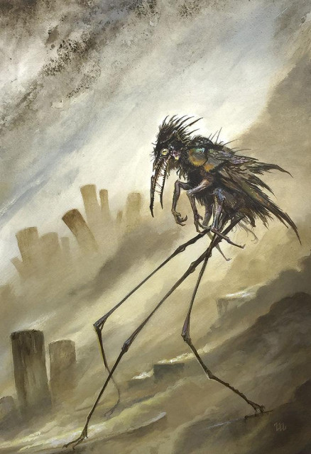 A beaked horror treads through hazy clouds of a dusty apocalypse. Black legs, nothing more than bone and ligament, are thrown so far in front in defiance of gravity it may as well be sitting on the blocky slope it descends. It tip toes on a trio of bird-like feet. There's a notch in its beak where nostrils would be, and the remnants of flesh of its victims stretches between jagged serrations.