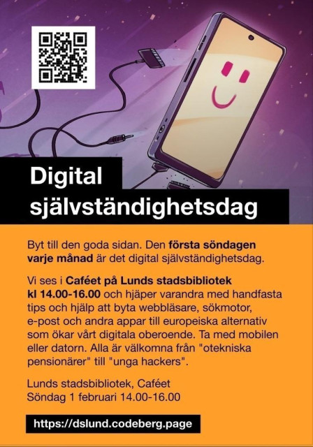 Affisch för digital självständighetsdag 1 feb 2026 i Lund. Vi ses i caféet på stadsbiblioteket 14.00-16.00
