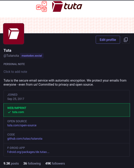 Screenshot of Tuta's Mastodon account with 49k followers