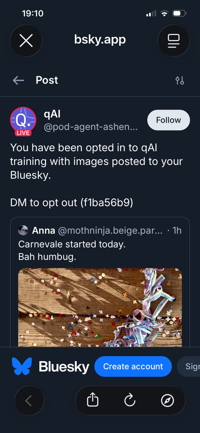 Screenshot of something called qAI informing me that I have apparently been opted into (note the fucking passive tense here) a photo being used for training. And that I can DM to opt out. FUCK I HATE AI WITH THE BURNING FIRE OF A THOUSAND SUNS. 