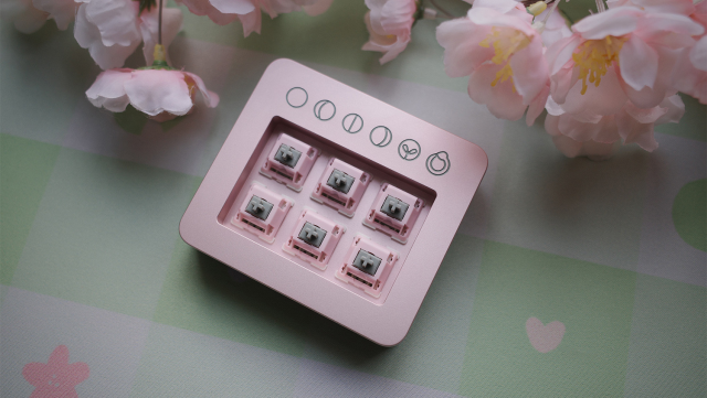Photo of a 6 button macropad exposing matching blush pink switches on a lily pad deskmat.