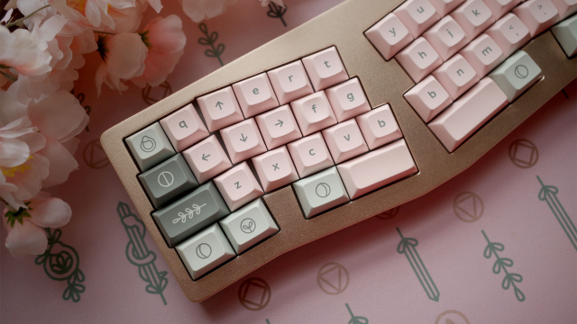 Moody cinema edited photo showing off rose gold keyboard with snake and sword themed keycaps.