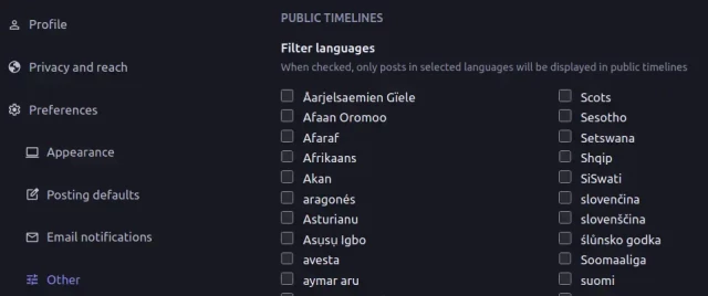 Screenshot of Mastodon > Preferences > Other > Public Timelines > Filter languages