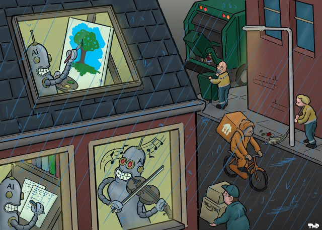 Cartoon showing a street in the rain. A man on a bike is delivering food, while another courier is delivering packages from Amazon. Two other workers are collecting garbage. Inside one of the houses on the street, we see robots labeled 'AI' sitting dry and warm, engaged in making a paining, playing the violin and writing.