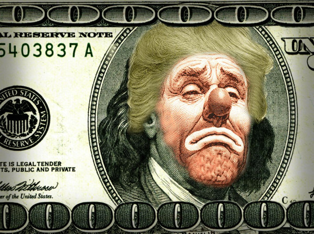 A detail from a US$100 bill showing Benjamin Franklin's portrait. It has been altered. Franklin's face has been overlaid with an orange sad clown, surmounted by Trump's hair. The zeroes in '100' above and below the portrait have been extended to run its entire length.