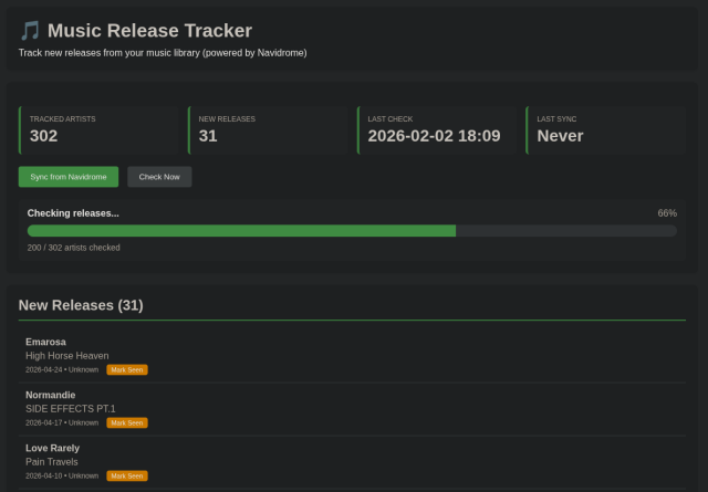 screenshot from my Music Release Tracker