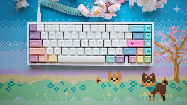 Rainbow colored keyboard on top of Shiba Inu pixel themed deskmat.