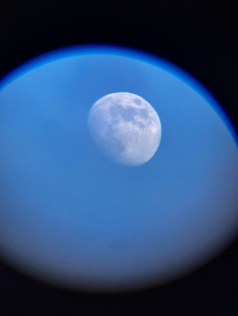 The waxing gibbous moon in the early afternoon of January 10, 2025. Only a few days earlier, I remembered an old Celestron FirstScope that had been stashed away in our closet — just a small beginner’s telescope, a tabletop reflector with a 76mm (3-inch) aperture — and wondered if I could just hold my phone up to the eyepiece and take pictures that way. This was one of my halfway decent attempts, done with a handheld phone, before I realized I could buy an adapter to attach the phone more securely to the scope. But by then I also realized that if I truly wanted to take better moon photos, I’d have to invest in some better gear…