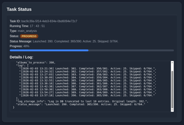 screenshot of AudioMuse scanning my music collection.
Been running for 17 hours, and 48% complete.