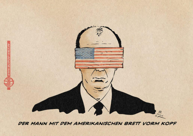 ILlustration von Merz mit einem Brett vor dem Kopf, das Brett ist in US Farben angemalt. Textzeile: Der Mann mit dem amerikanischen Brett vorm Kopf