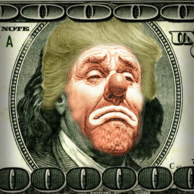 A detail from a US$100 bill showing Benjamin Franklin's portrait. It has been altered. Franklin's face has been overlaid with an orange sad clown, surmounted by Trump's hair. The zeroes in '100' above and below the portrait have been extended to run its entire length.