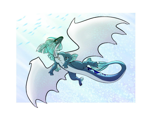 A stylized aquatic dragon floats gracefully underwater, viewed from the side. The creature has a long, sleek blue body with lighter markings along the belly, fin-like frills on the head, limbs, and tail, and large, pale, wing-shaped fins extending from its shoulders. Its head tilts upward as if drifting or swimming slowly, and small bubbles and soft light patterns fill the pale blue water background, giving the scene a calm, weightless feeling.