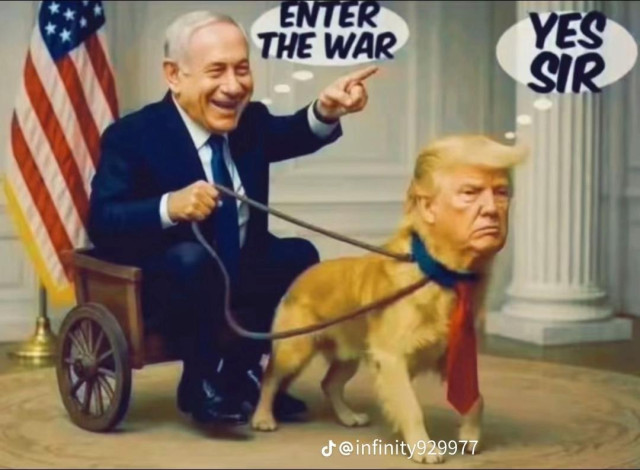 AI cartoonish image of Netanyahu riding a roman chariot saying "ENTER THE WAR"  while being dragged by a cat  with the head of tRump responding "YES SIR"