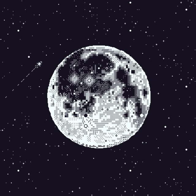 Text mode base Full Moon drawn with black and white semigraphic characters. Moon is on the center of the picture surrounded by a starry sky. A shooting start is passing by on the left.