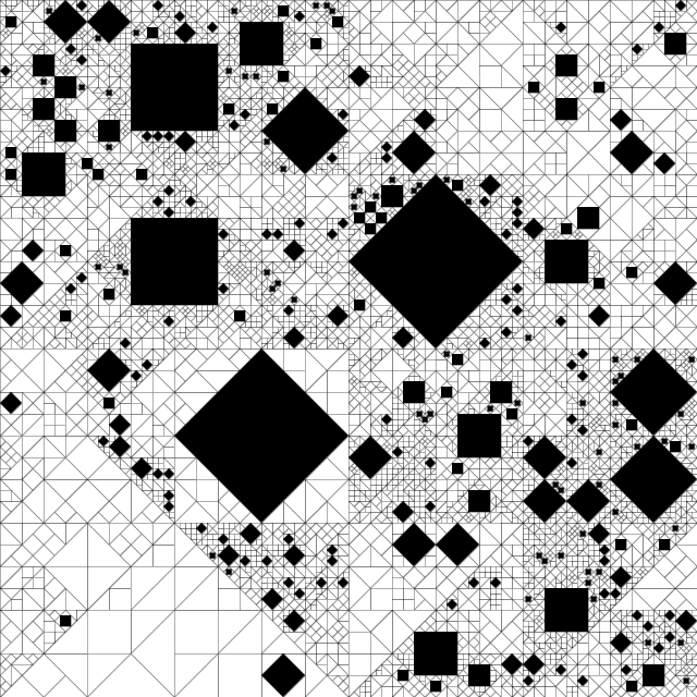 White squares and triangles get subdivided multiple times, sometimes a square is subdivided into 4 triangles and a central rotated square, in these cases the central square was removed and  you can see the black background.