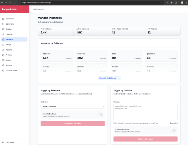 Loops Admin Instance Management dashboard