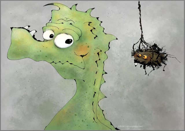 Zeichnung im Comic-Stil: Ein grüner Drache, von dem man nur Hals und Kopf sieht, blickt skeptisch nach hinten, wo eine braun-schwarze große Spinne an einem Faden hängt.