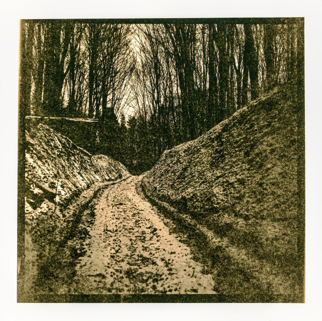 This lith print shows a narrow dirt road winding through a forest in winter, tightly enclosed by steep, snow-covered embankments. Bare trees rise densely on both sides, their dark, interwoven branches creating a heavy, almost claustrophobic rhythm against the pale sky.

The lith process exaggerates texture and contrast: the soil of the road appears coarse and granular, scattered with frozen mud and grit, while the surrounding shadows deepen into rough, mottled blacks. Highlights remain soft and unstable, giving the impression of cold light barely filtering through the trees.

The image carries a strong sense of isolation and passage — a primitive forest track shaped by weather and time, leading forward without revealing what lies ahead.