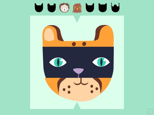 Screenshot of our game with a green frame and a lighter green „display“ that has three slices / lanes of different animal faces on it, the upper and bottom are from a cheetah, the middle one from a cat. Above the display are icons of the animal faces that were already correctly assembled (a hedgehog and a falcon).