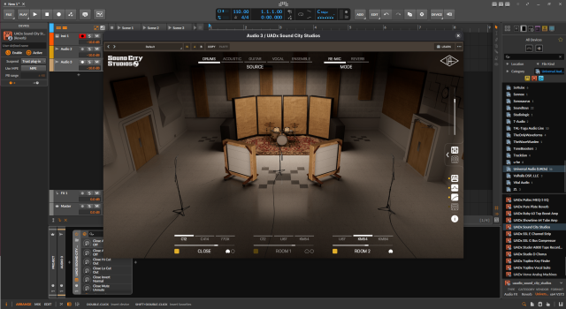 A screenshot from the DAW Bitwig on a Linux machine, showing a windows plugin from Universal Audio run through Yabridge and Wine.