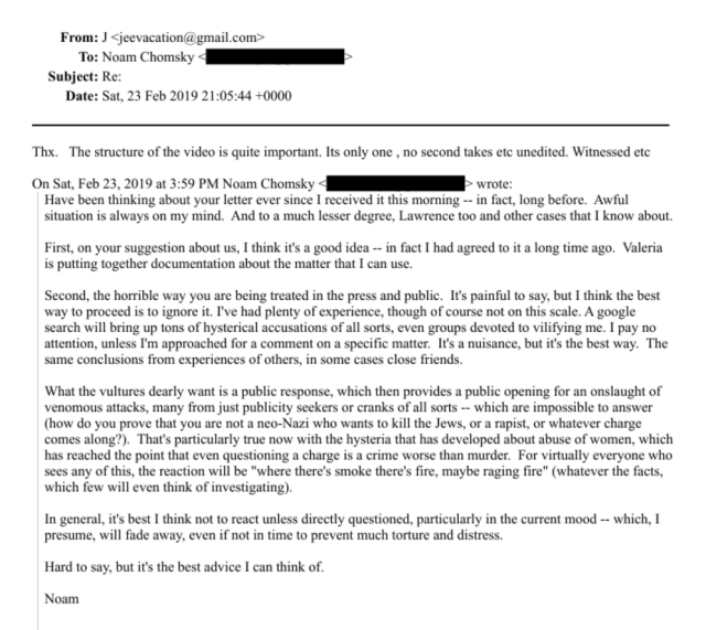 Screenshot of a Feb 23, 2019 email thread linked to the Jeffrey Epstein files. Header shows “J” emailing Noam Chomsky; in the quoted text, Chomsky advises ignoring public attacks and refers to “hysteria… about the abuse of women.” (Epstein’s address is not visible in this image.)