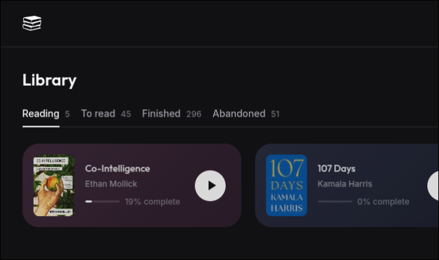 Screenshot of a draft of an app. Book stack logo. Menu: "Library", Reading To read Finished Abandoned