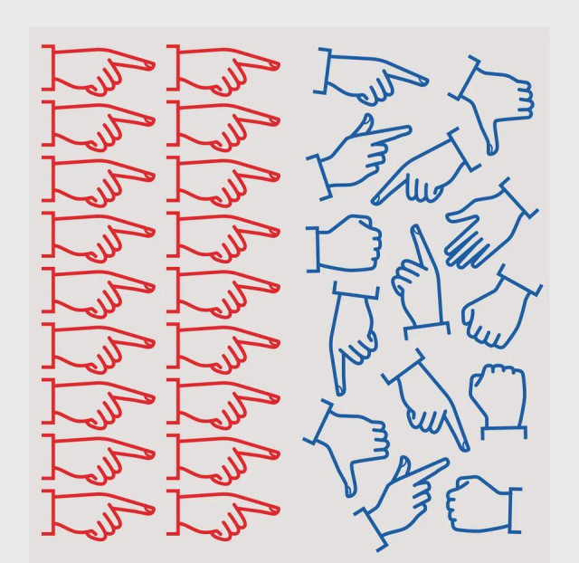 illustration from The New Yorker by Ben Wiseman

A bunch of red hands point at a bunch of blue hands in unison. But the blue hands point at each other, or don't even bother pointing