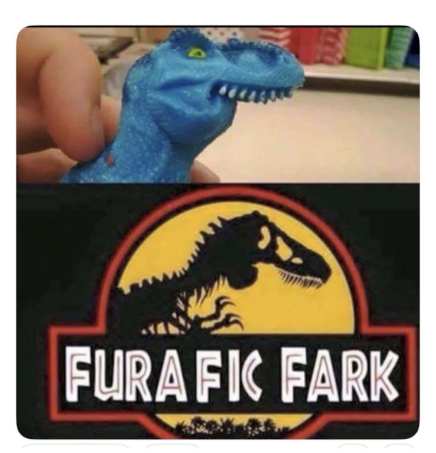 A composite image. The top shows a blue toy dinosaur with a severe overbite. The bottom shows a parody of the Jurassic Park logo with a skeleton of the same dinosaur, titled "FURAFIC FARK."